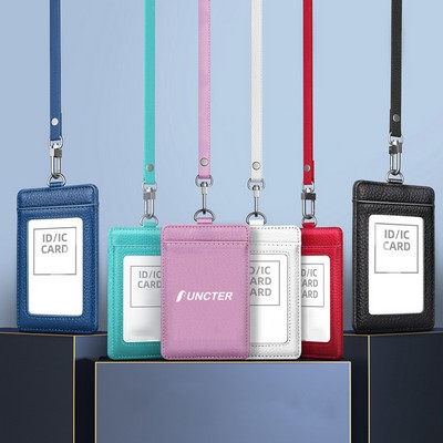 Vertical Leather Badge Holder ID Card Holder With Leather Lanyard