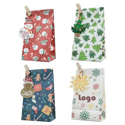 24-Pack Christmas Four-Color Square-Bottom Kraft Paper Bags with Clips and Hanging Cards