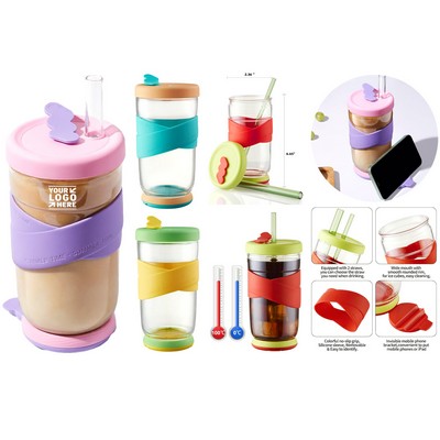Premium Glass Drinking Cup with Lid and Straw