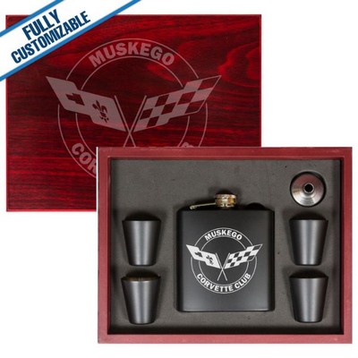 6 Oz. Matte Black Stainless Steel Flask Set w/4 Shots & Wood Gift Box