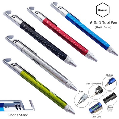 Plastic Barrel 6-In-1 Tool Pen Phone Stand