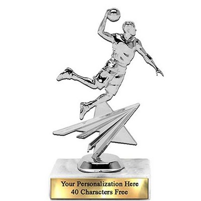 Trophy 7", 2X3 White Marble Base, Star Figure Silver Basketball