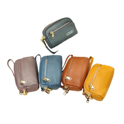 Cowhide Three-Zipper Small Wallet