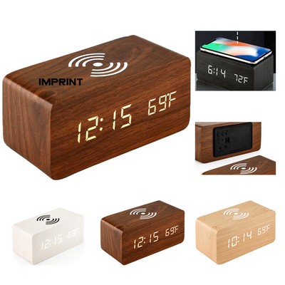 Wooden Led Alarm Clock W/ Wireless Charger