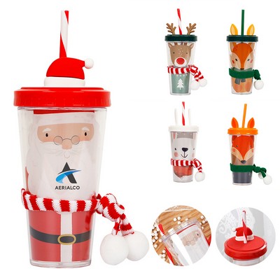 12oz Double Plastic Bottle With Straw For Christmas