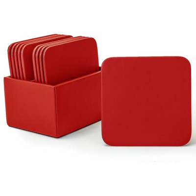 Red Leatherette 10 Square Coaster Set w/ Holder