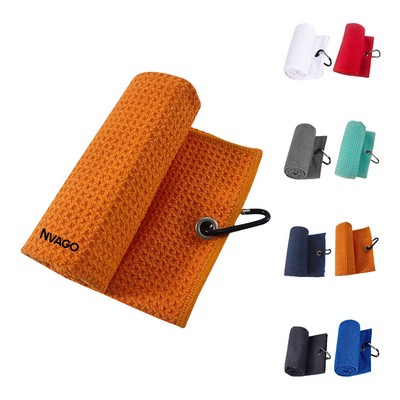 Tri Fold Microfiber Golf Towel W/ Carabiner Clip 23.5"x15.7"