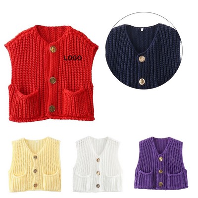 Women's Knitted V-Neck Cardigan Vest