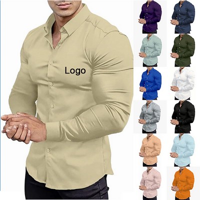 Men's Muscle Fit Slim Stretch Long Sleeve Casual Button Down Dress Shirt