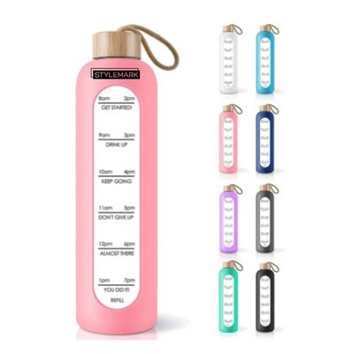 Glass Water Bottle with Time Marker Quotes